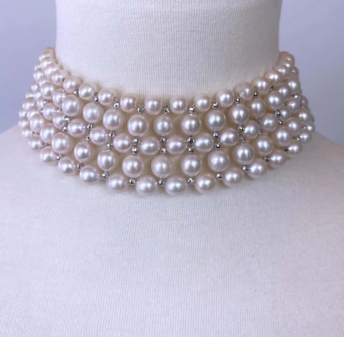 Woven Pearl Choker with Silver Rhodium Plated Disco Accents - Image 3