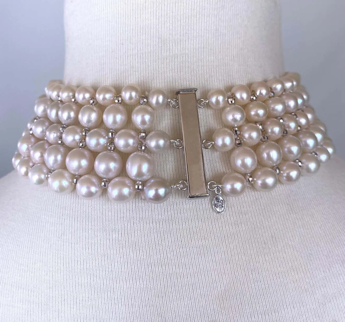 Woven Pearl Choker with Silver Rhodium Plated Disco Accents - Image 4