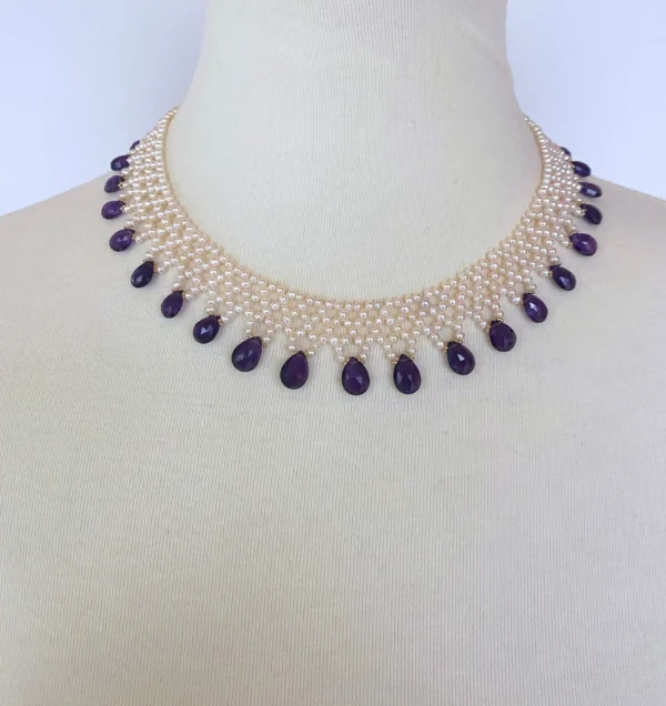 Woven Pearl Necklace with Amethyst Briolettes and 14K Yellow Gold