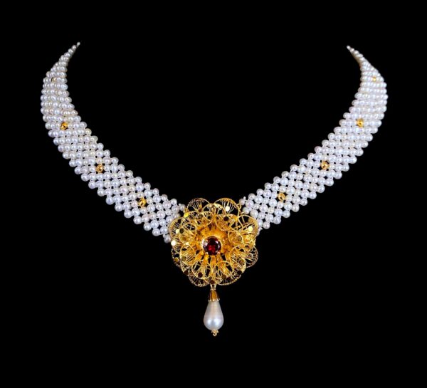 Woven Pearl Necklace With Gold Plated Vintage Garnet Brooch