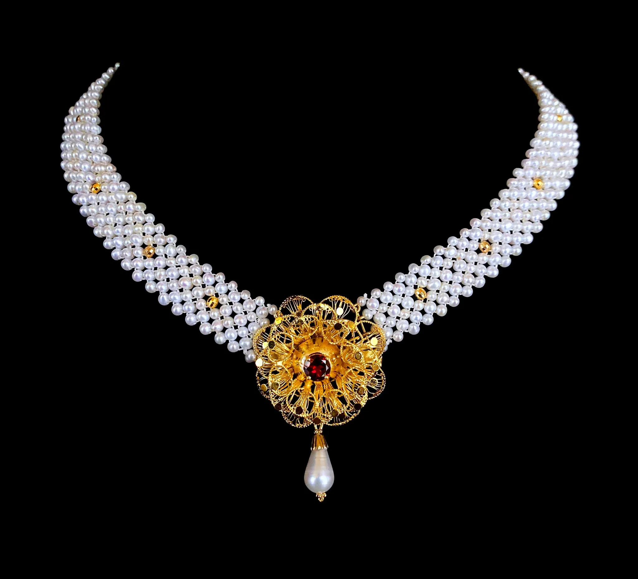 Woven Pearl Necklace With Gold Plated Vintage Garnet Brooch - Image 2