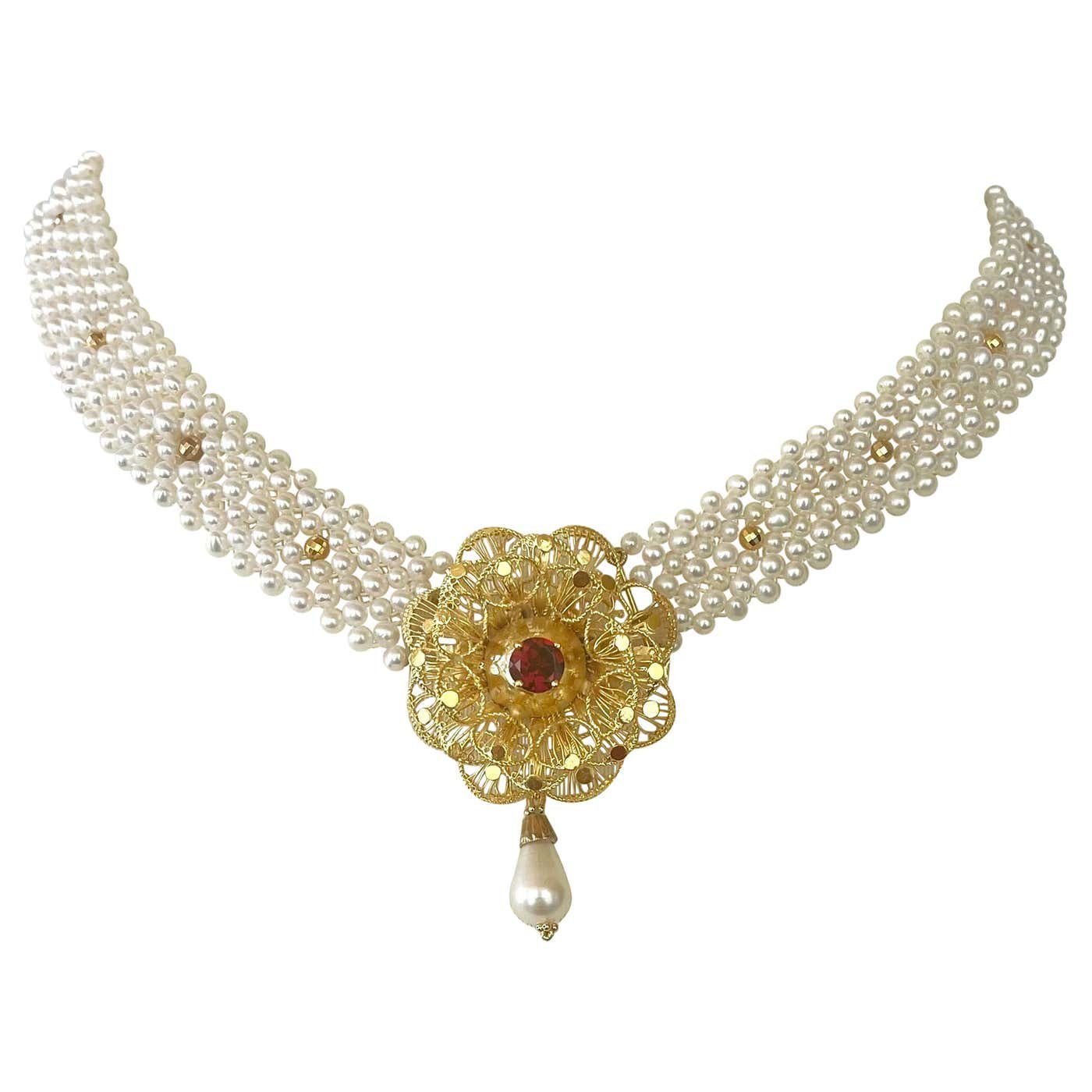 Woven Pearl Necklace With Gold Plated Vintage Garnet Brooch - Image 3