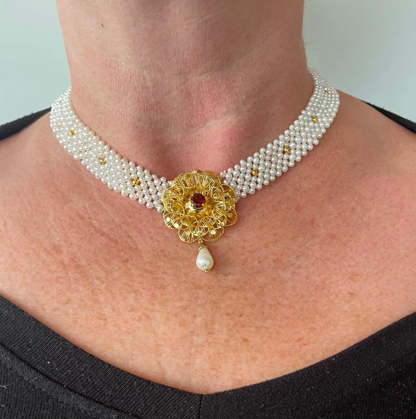 Woven Pearl Necklace With Gold Plated Vintage Garnet Brooch - Image 5