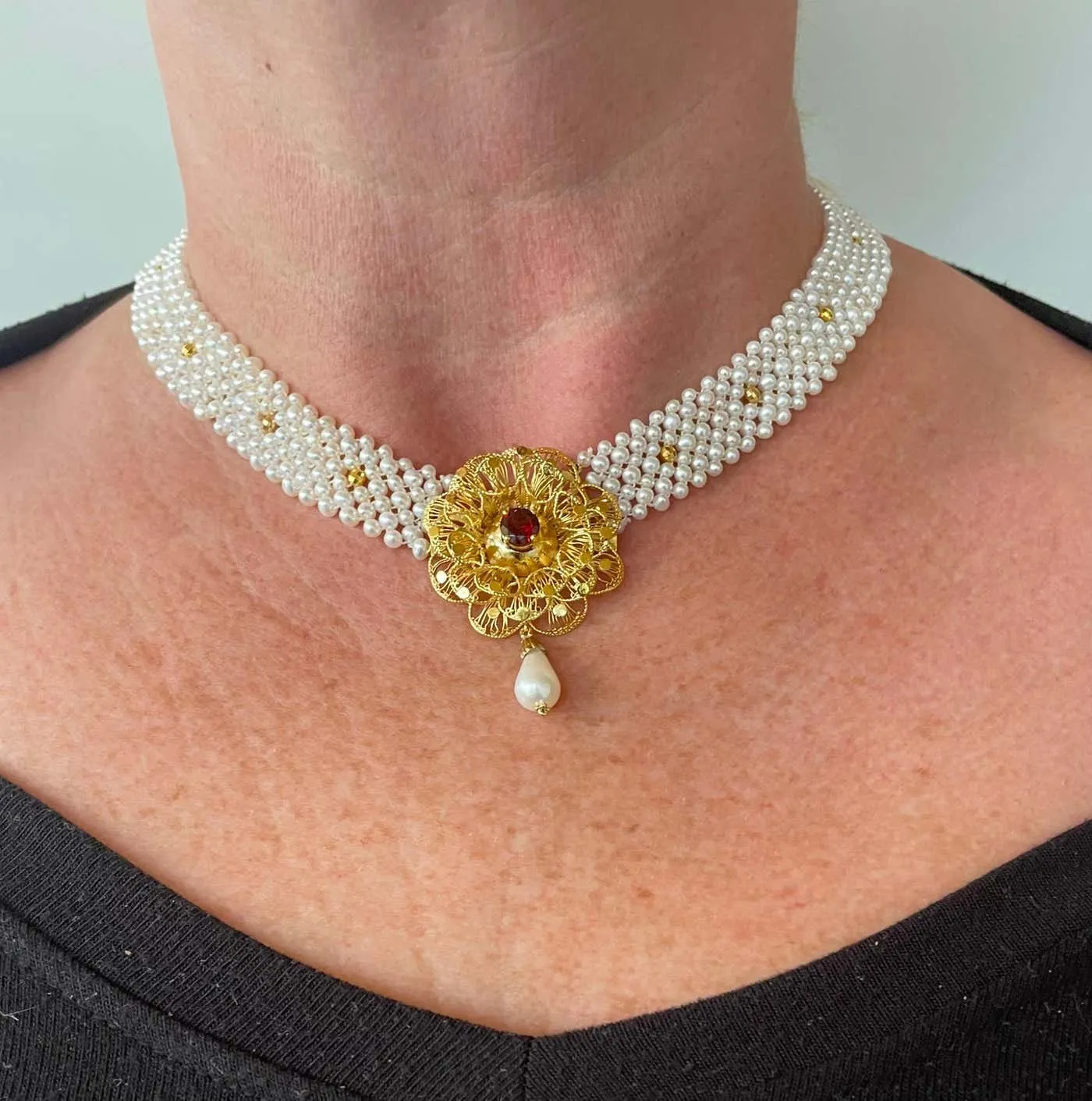 Woven Pearl Necklace With Gold Plated Vintage Garnet Brooch - Image 6