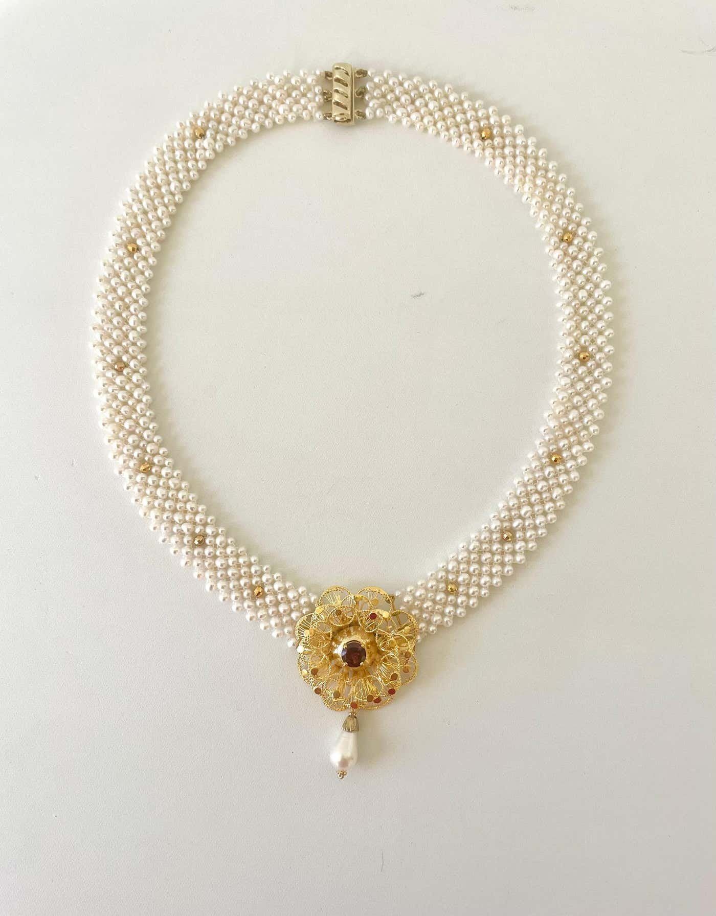 Woven Pearl Necklace With Gold Plated Vintage Garnet Brooch - Image 7