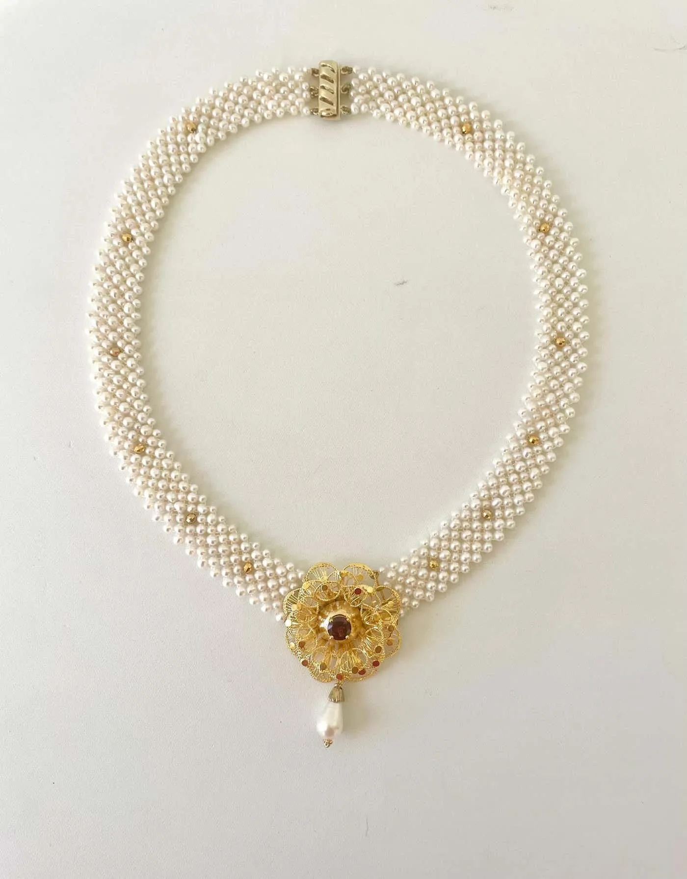 Woven Pearl Necklace With Gold Plated Vintage Garnet Brooch - Image 8