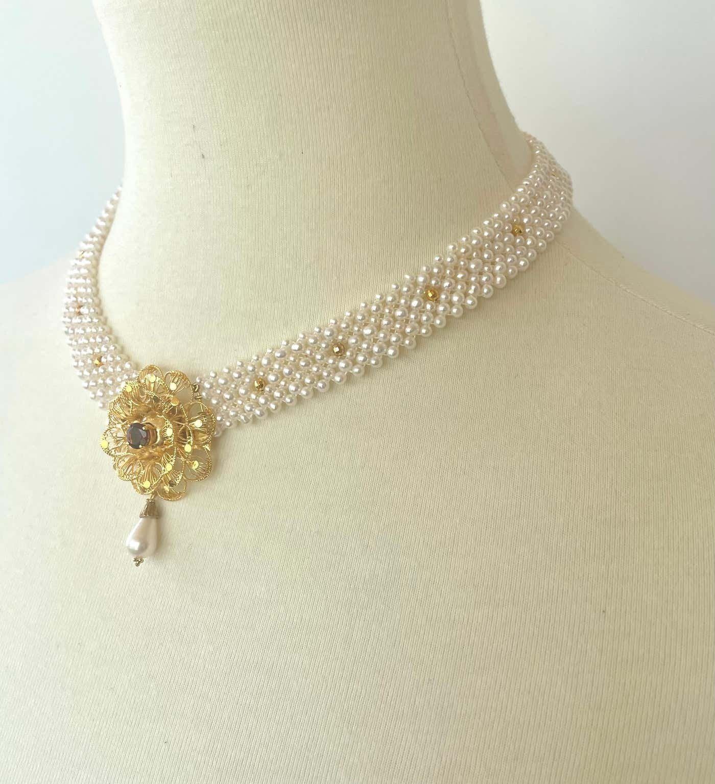 Woven Pearl Necklace With Gold Plated Vintage Garnet Brooch - Image 11