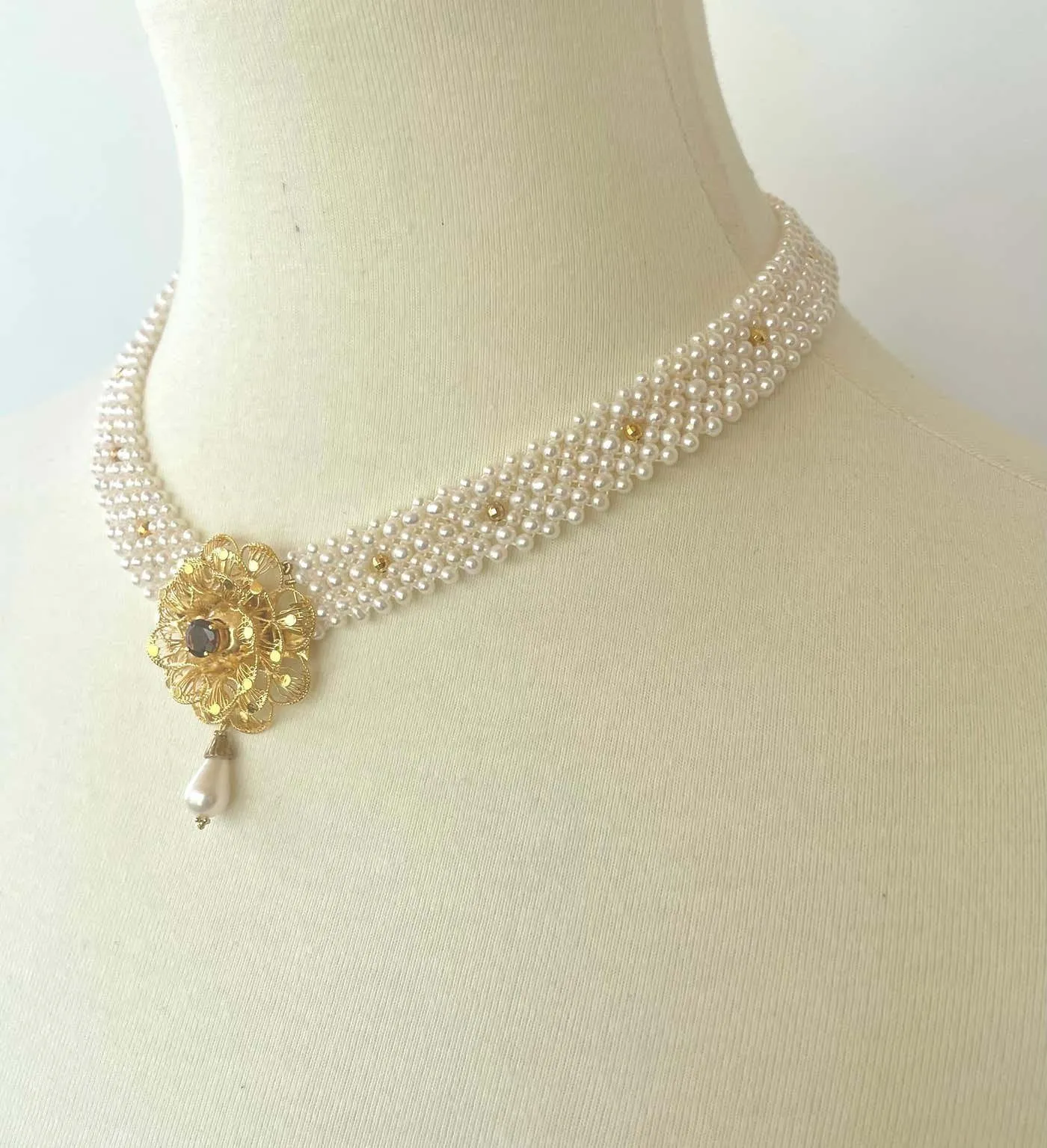 Woven Pearl Necklace With Gold Plated Vintage Garnet Brooch - Image 12