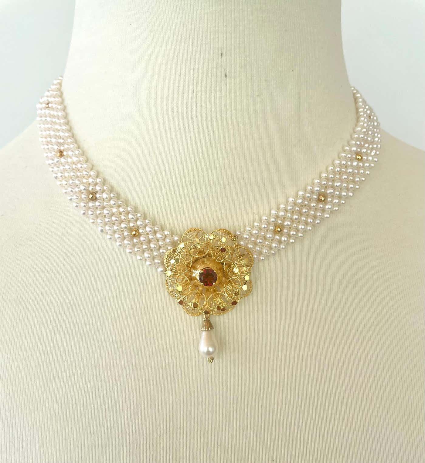 Woven Pearl Necklace With Gold Plated Vintage Garnet Brooch - Image 13