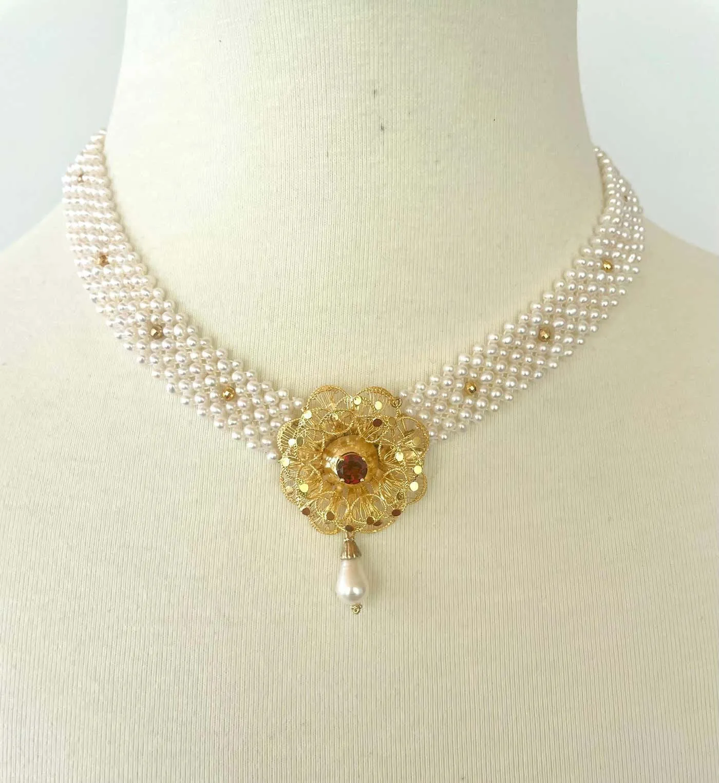 Woven Pearl Necklace With Gold Plated Vintage Garnet Brooch - Image 14
