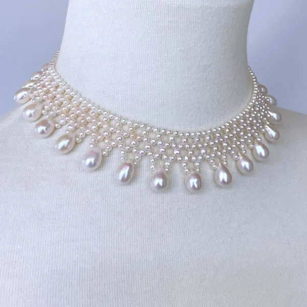 Woven Pearl Necklace with Pearl Drops at 14k Yellow Gold
