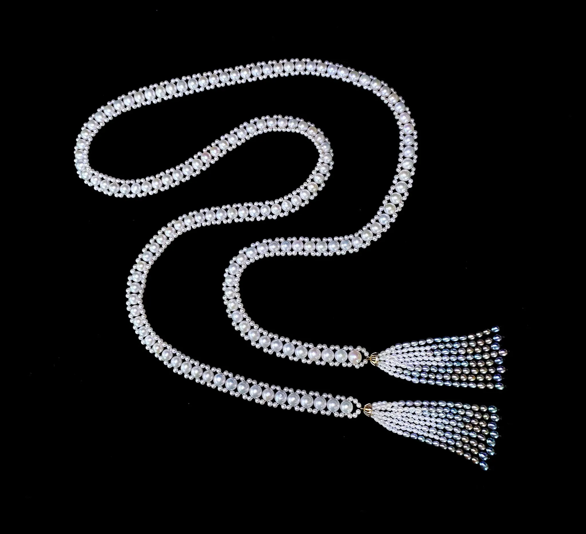 Woven Pearl Sautoir with Graduated Ombre Tassels and 14K Yellow Gold - Image 3