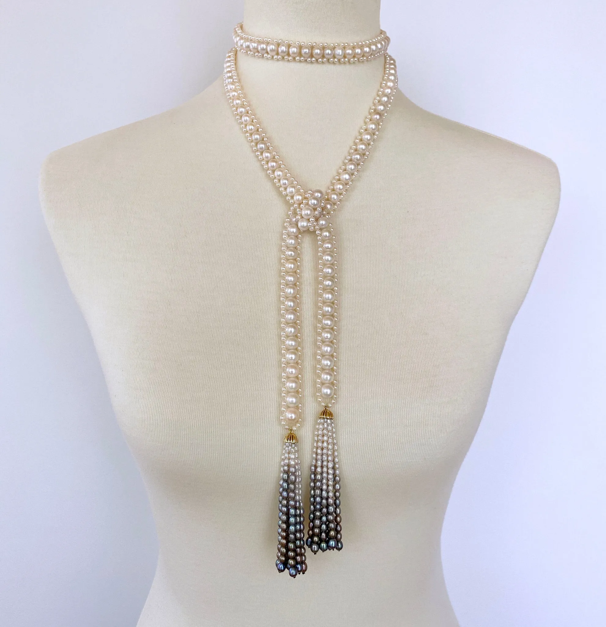 Woven Pearl Sautoir with Graduated Ombre Tassels and 14K Yellow Gold - Image 4
