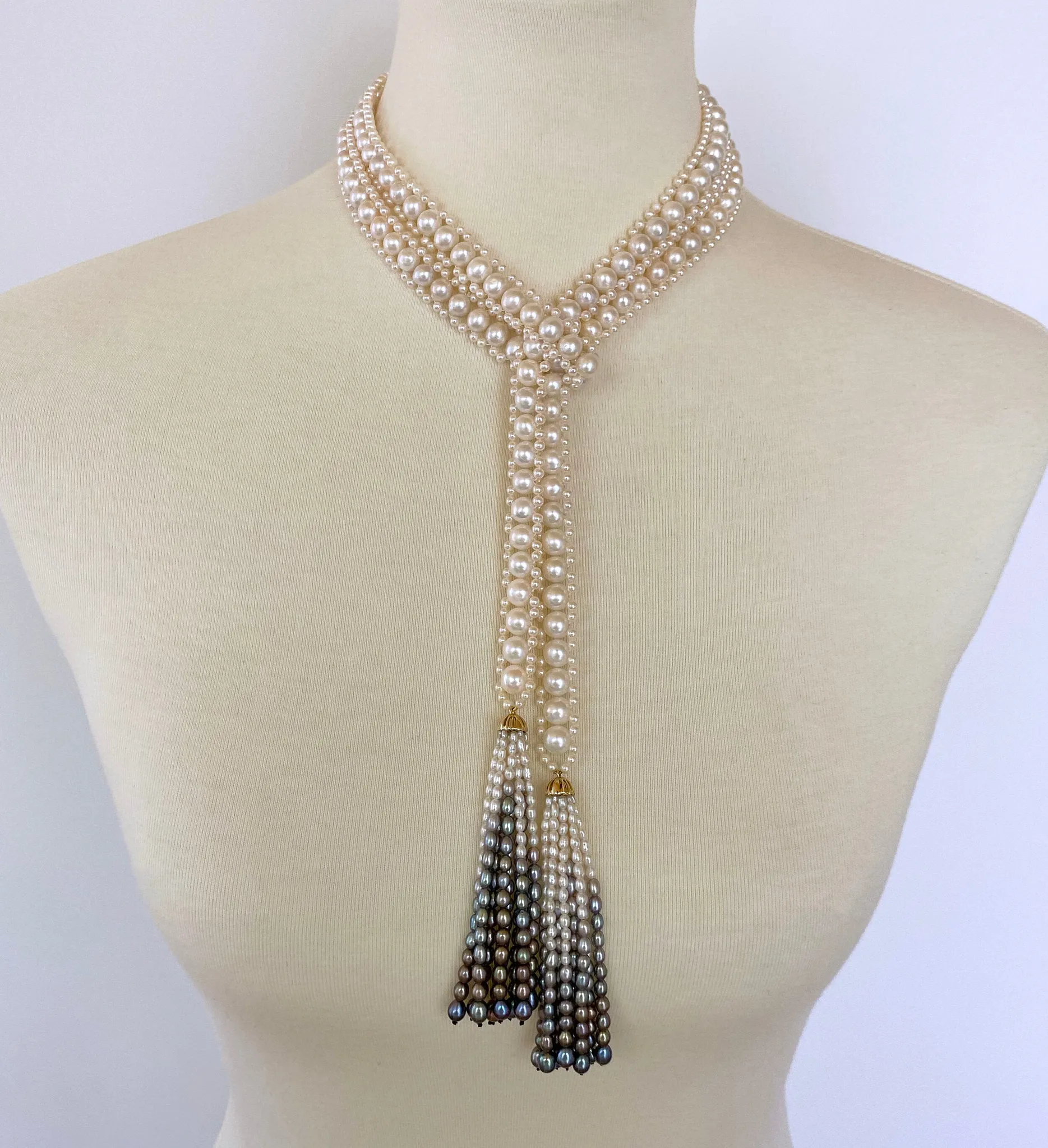 Woven Pearl Sautoir with Graduated Ombre Tassels and 14K Yellow Gold - Image 6