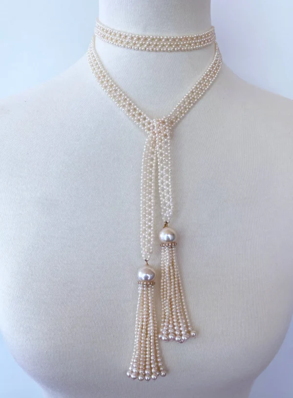Woven Pearl Sautoir with solid 14k Yellow Gold & Diamonds