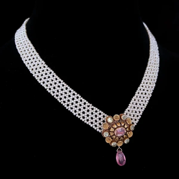 Woven Pearl "V" Necklace with Antique Diamond Clasp & Brooch