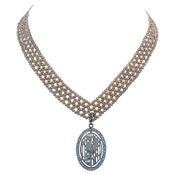 Woven Pink Pearl "V" Necklace with 14k White Gold-Plated Sliding Clasp