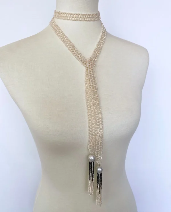 Woven Seed Pearl Sautoir with Black Onyx & 14k Yellow Gold