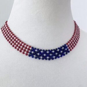 Woven White, Red Coral & Lapis Lazuli Flag Necklace with Solid 14k Yellow Gold