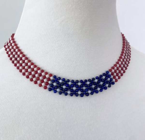 Woven White, Red Coral & Lapis Lazuli Flag Necklace with Solid 14k Yellow Gold