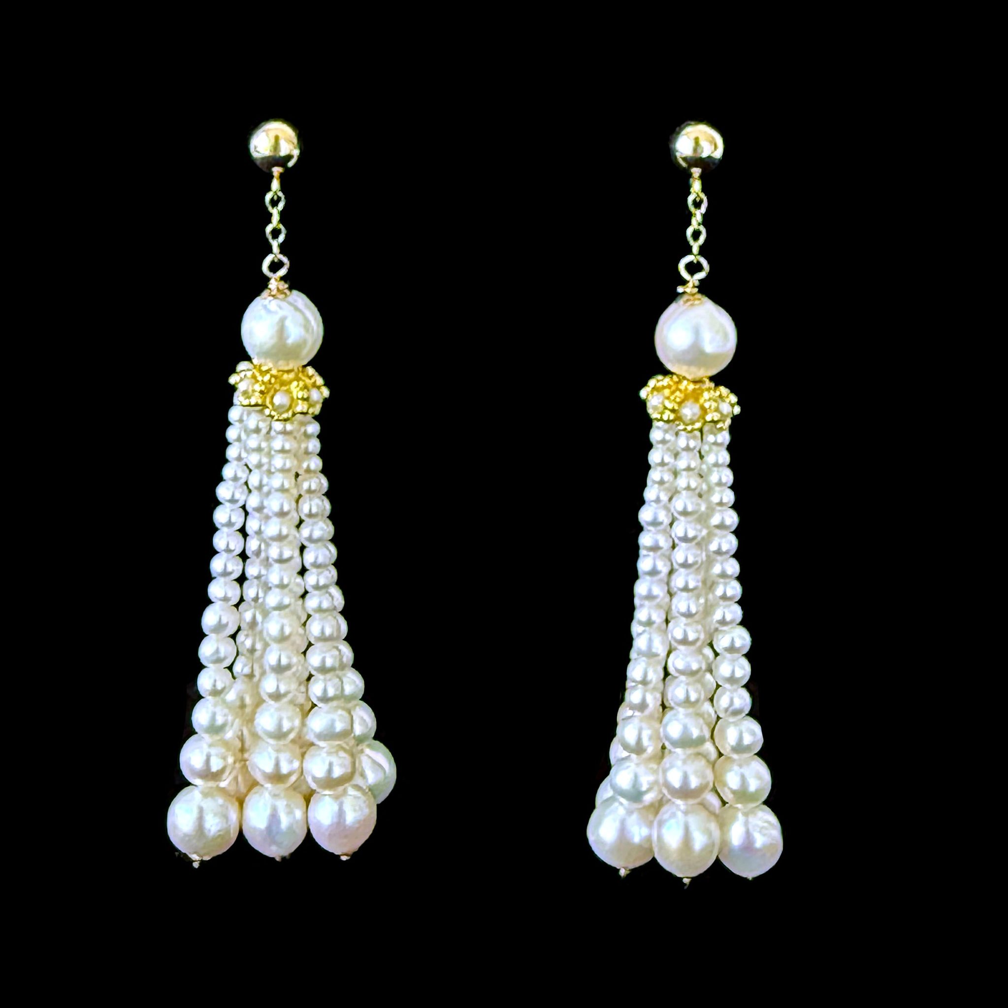 Graduated Pearl Dangle-Tassel Earring with Solid 14k Yellow Gold - Image 4