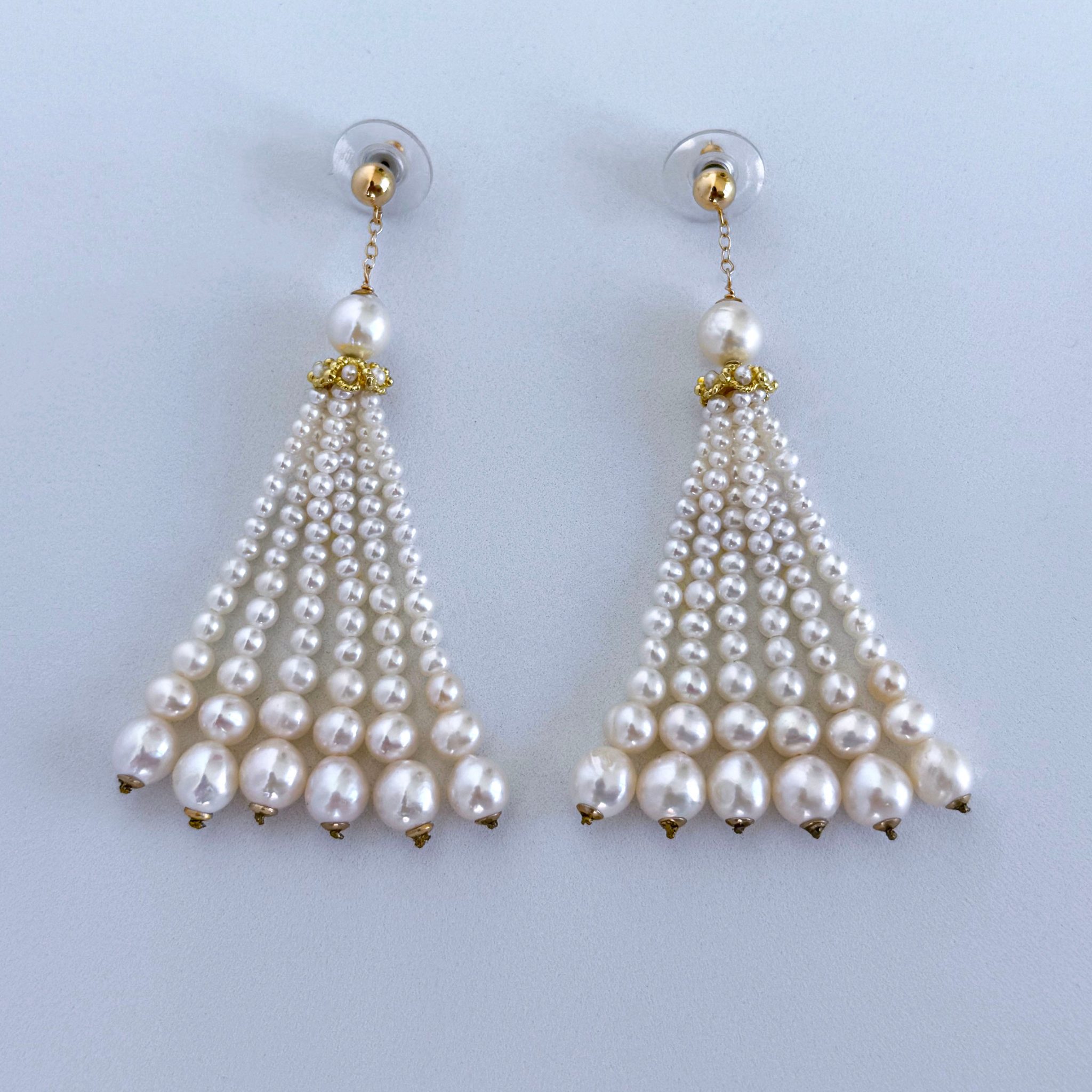 Graduated Pearl Dangle-Tassel Earring with Solid 14k Yellow Gold - Image 5