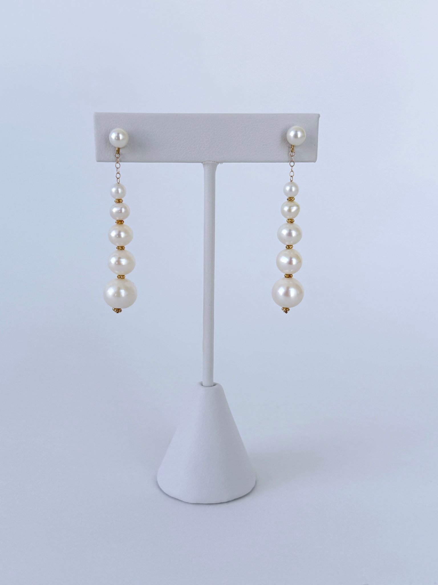 Graduated Pearl Studded Dangle Earrings with Solid 14k Yellow Gold - Image 3