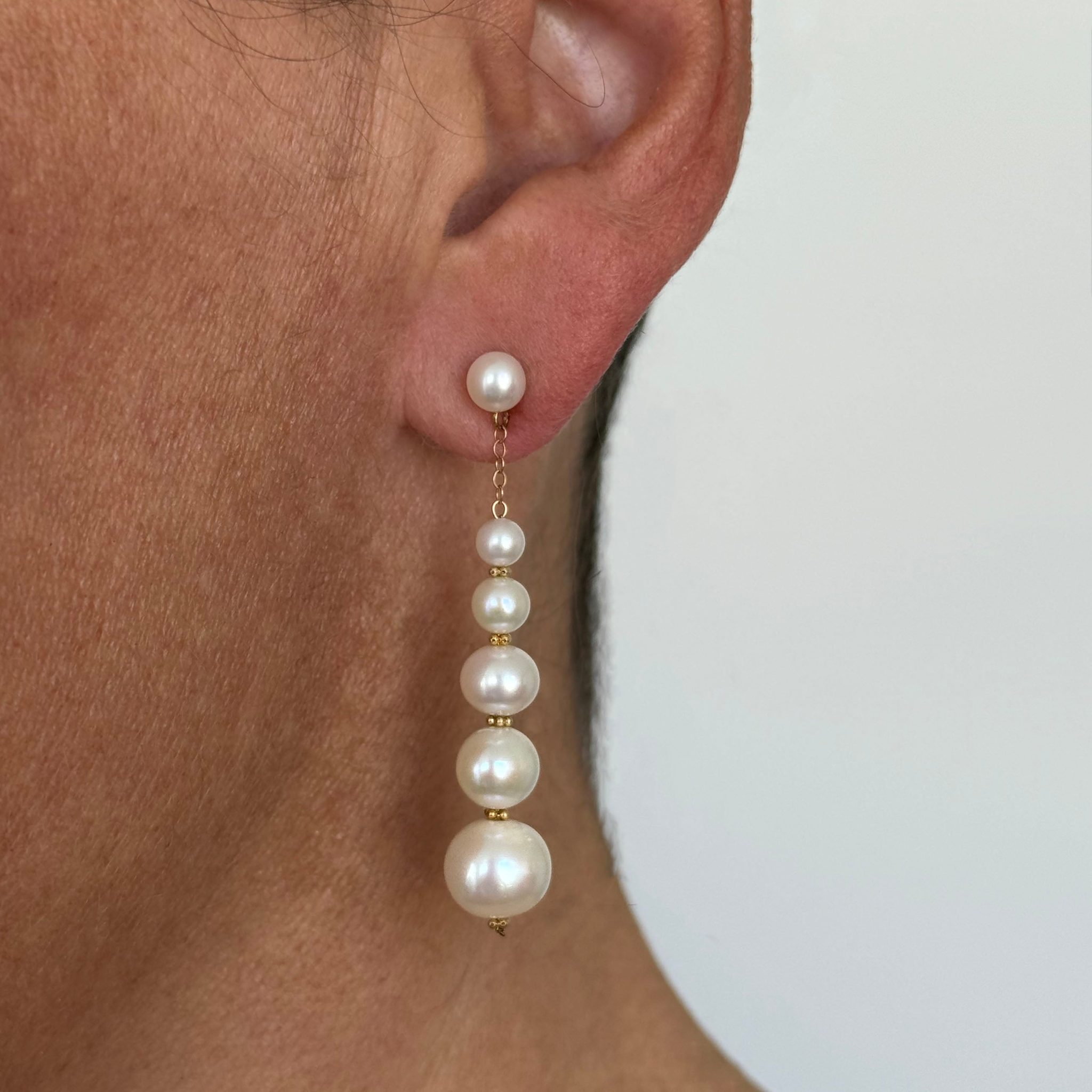 Graduated Pearl Studded Dangle Earrings with Solid 14k Yellow Gold - Image 4