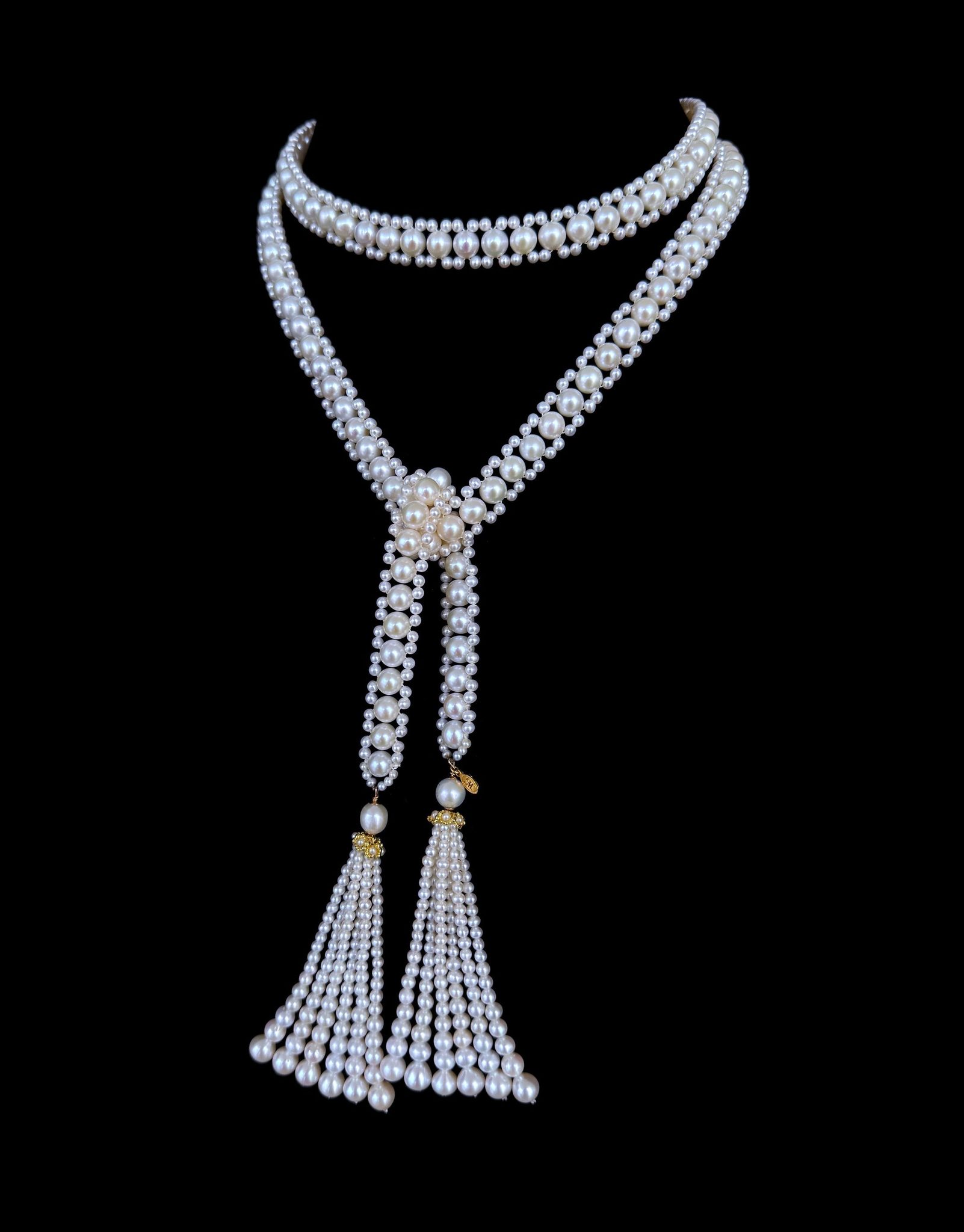 Solid 14k Yellow Gold Pearl Sautoir with Graduated Tassels - Image 2