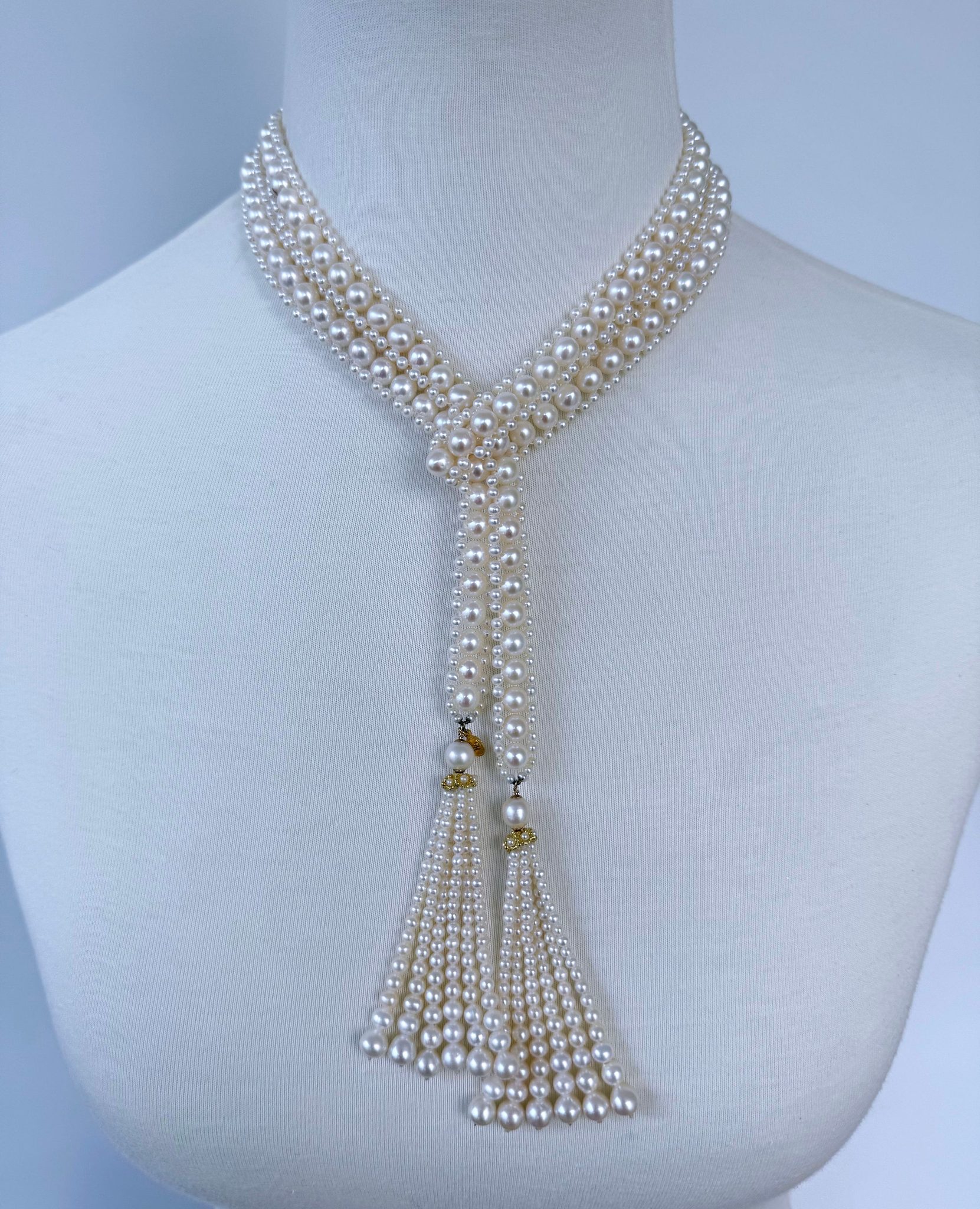Solid 14k Yellow Gold Pearl Sautoir with Graduated Tassels - Image 4