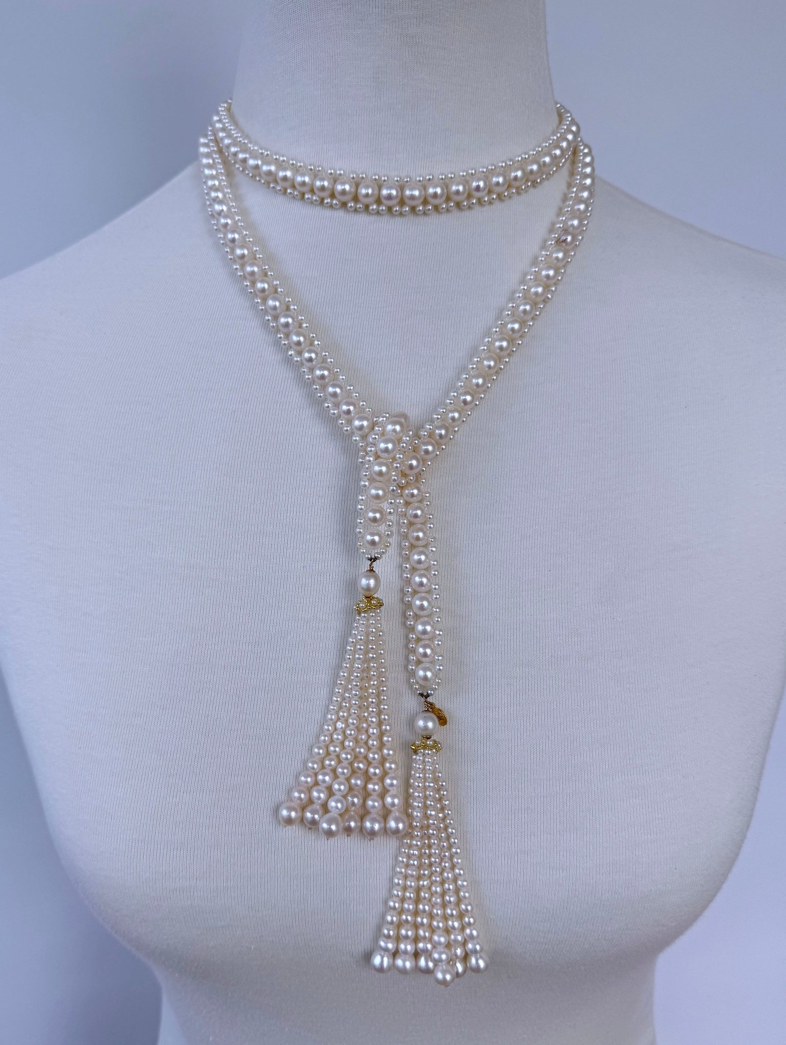 Solid 14k Yellow Gold Pearl Sautoir with Graduated Tassels - Image 5