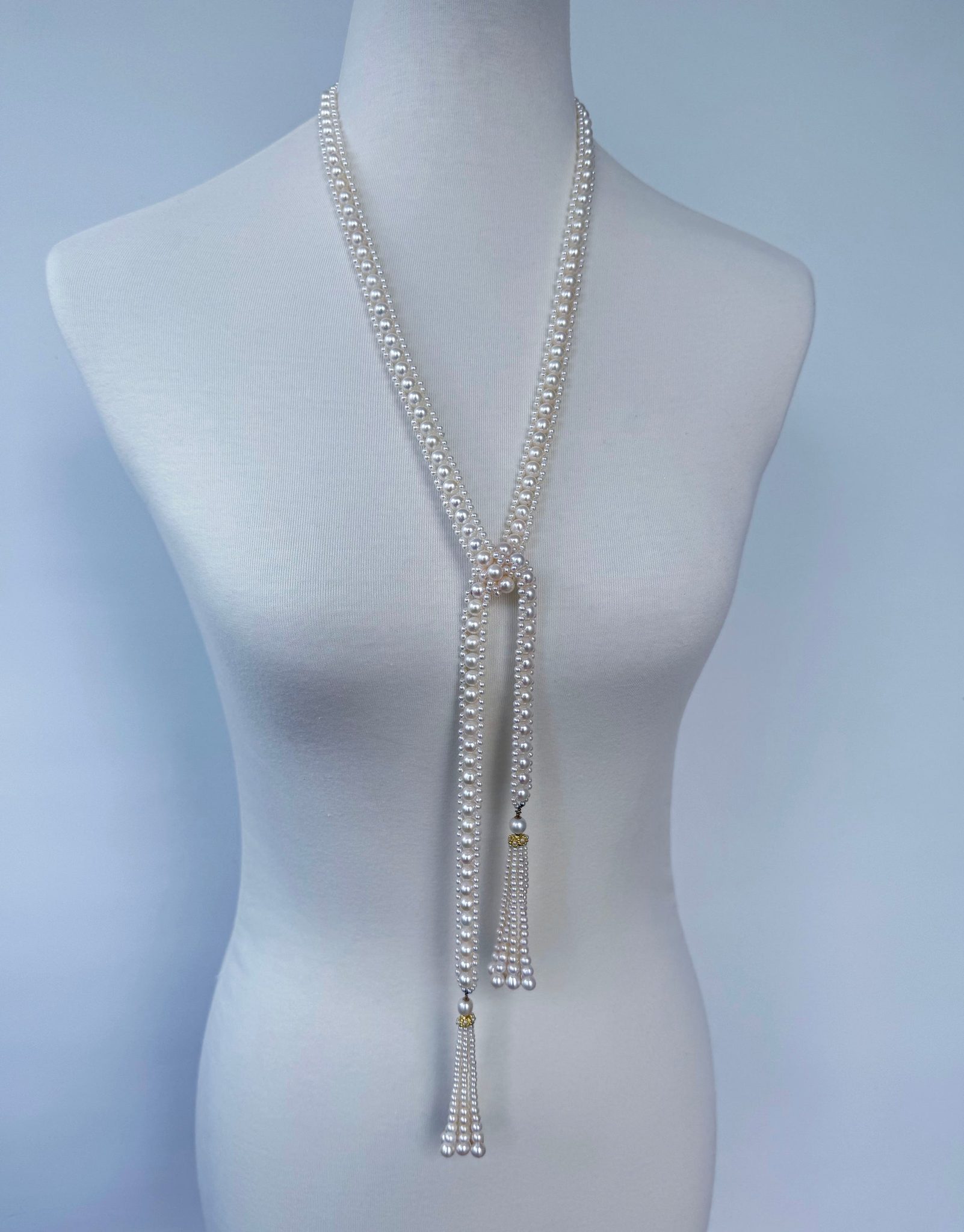 Solid 14k Yellow Gold Pearl Sautoir with Graduated Tassels - Image 6