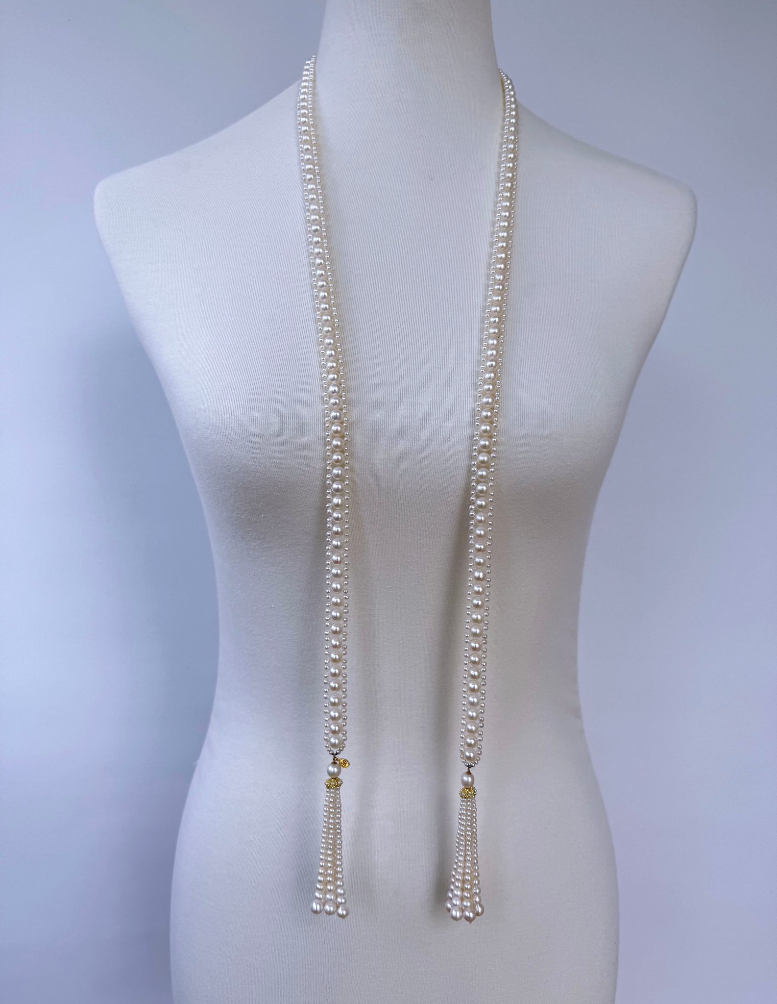Solid 14k Yellow Gold Pearl Sautoir with Graduated Tassels - Image 8
