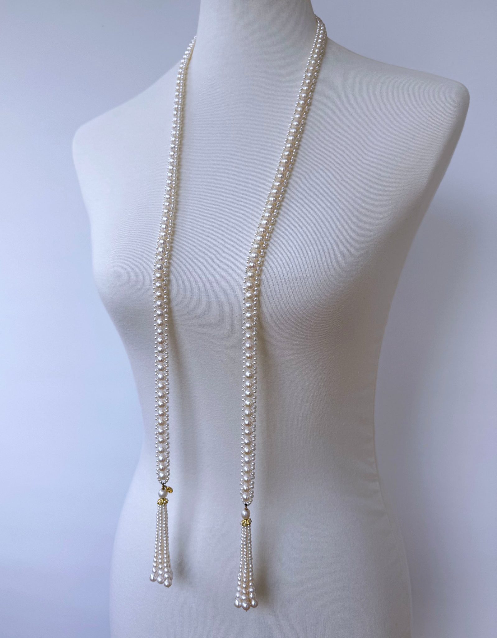 Solid 14k Yellow Gold Pearl Sautoir with Graduated Tassels - Image 9